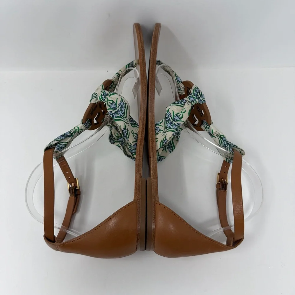 Tory Burch Miller Leather Scarf Thong Sandals Brown White Blue Green Size 11